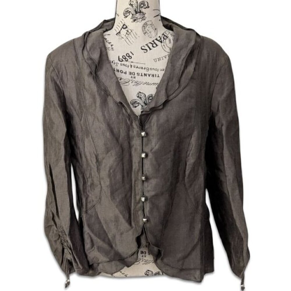 Gerry Weber Cinch Sleeves Buttoned Front Blazer Top Linen Brown Bronze FR 42 M